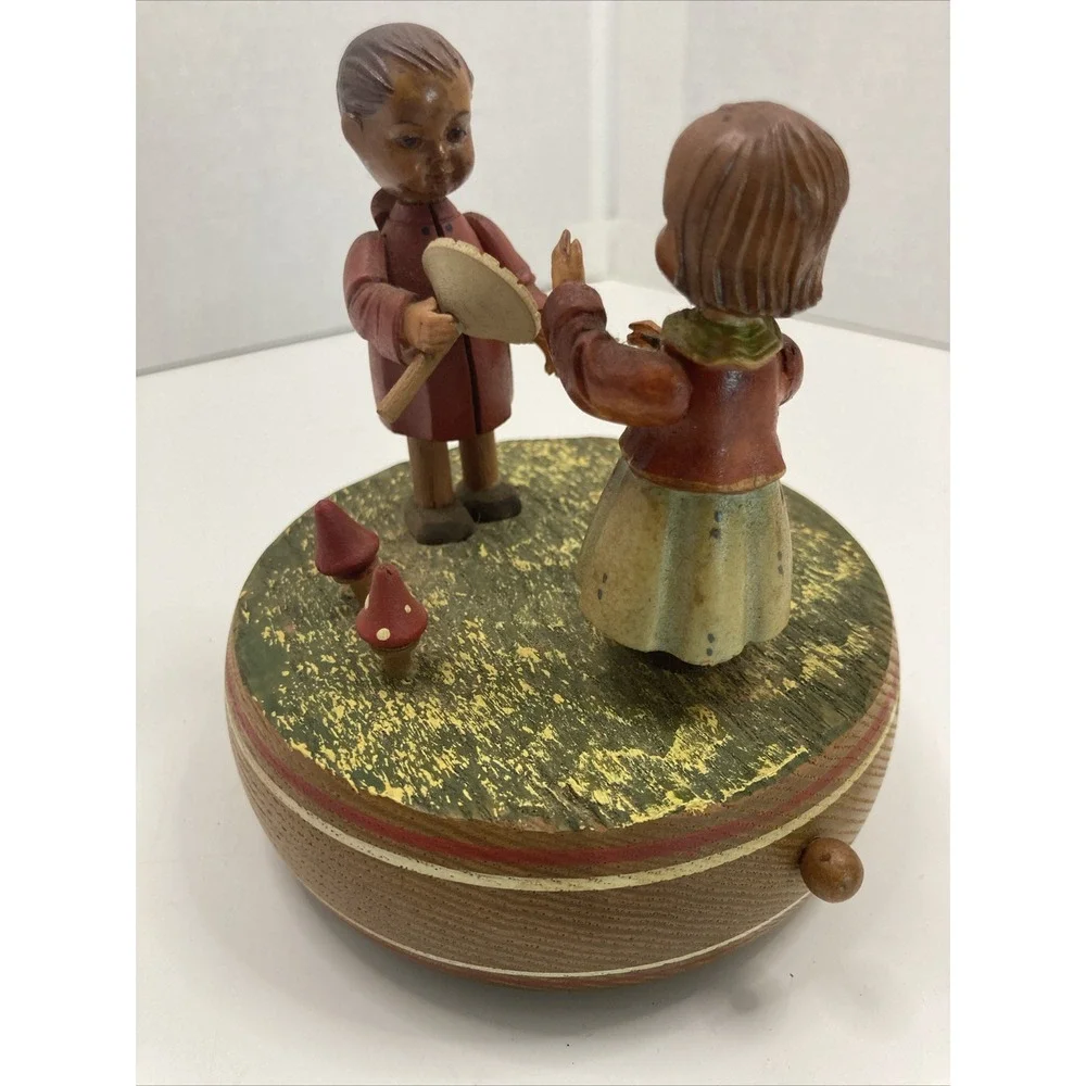 Rare ANRI Reuge Vtg Swiss Music Box Boy & Girl Happy Birthday Mushrooms Working!